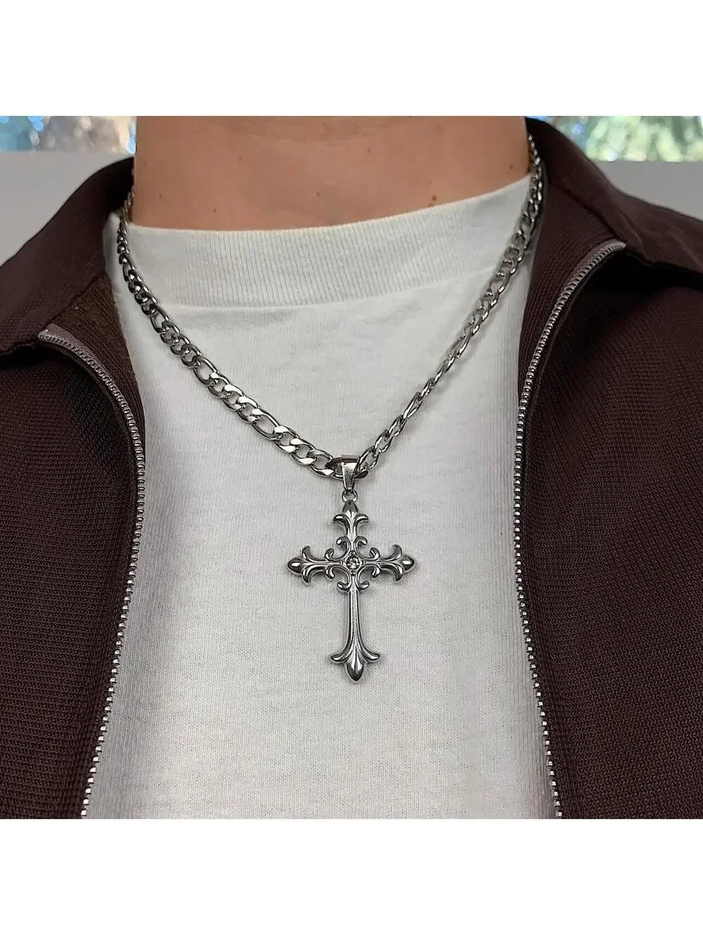 Y2k style Silver Figaro Big Gothic Rhinestone Cross Pendant Necklace. Stainless